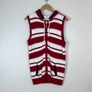Quacker Factory Women Sweater Vest Hoodie S Red White Stripe Anchor Zip Nautical